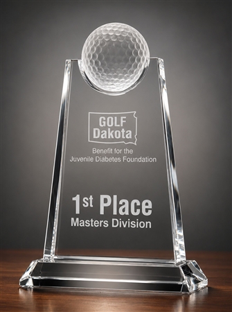 Apex Crystal Golf Trophy with 3D crystal golf ball and custom engraving.
