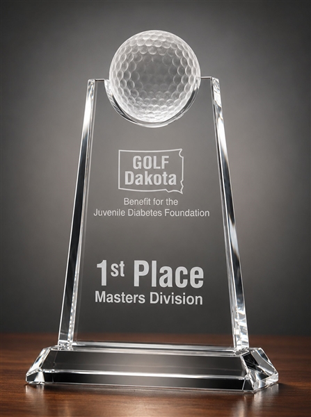 Apex Crystal Golf Trophy with 3D crystal golf ball and custom engraving.