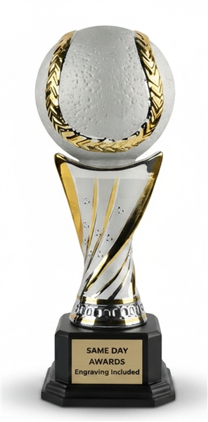 Premium Ceramic Baseball Trophy featuring a silver baseball with gold accents, ebony-style base, and custom engraved plate