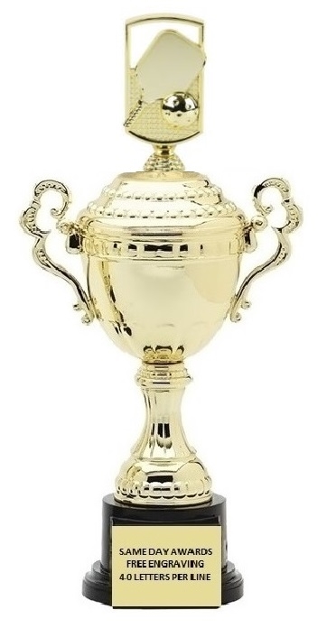 Monaco Cup Pickleball Trophy with gold cup, pickleball paddle and ball figure, and engraved plate
