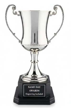 Champion II Golf Trophy Cup with polished nickel finish, decorative handles, and solid wood base
