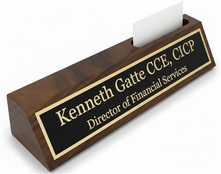 Premium Solid Walnut Executive Desk Name Plate with Business Card Holder and Custom Engraved Brass Plate