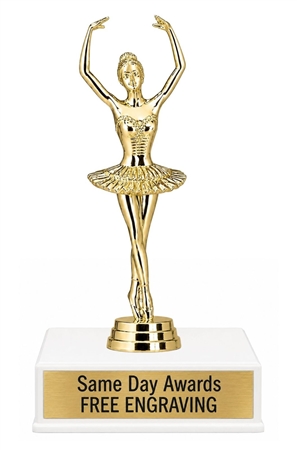 Classic ballerina trophy with gold ballet dancer figure, custom engraved nameplate, and white weighted base