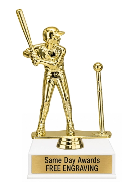 Classic Boys T-Ball Trophy with engraved plate and gold baseball player figure
