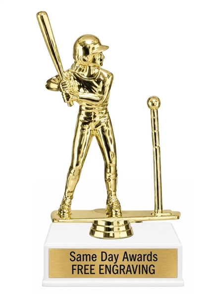 Classic T-Ball Trophy with engraved nameplate and gold baseball player figure