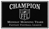 Custom engraved fantasy football champion trophy replacement plate in black and gold finish for league winner awards