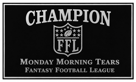 Custom engraved fantasy football champion trophy replacement plate in black and gold finish for league winner awards