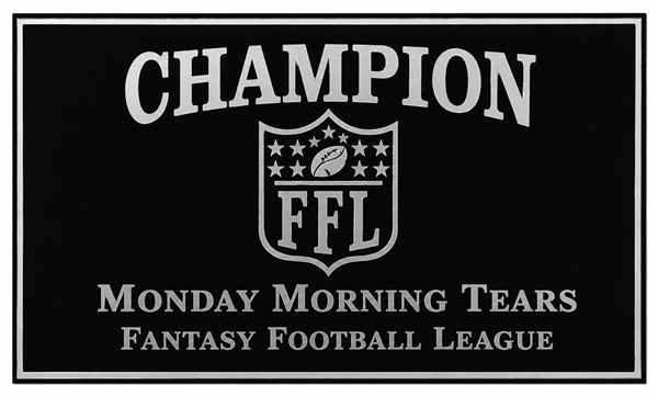 Custom engraved fantasy football champion trophy replacement plate in black and gold finish for league winner awards