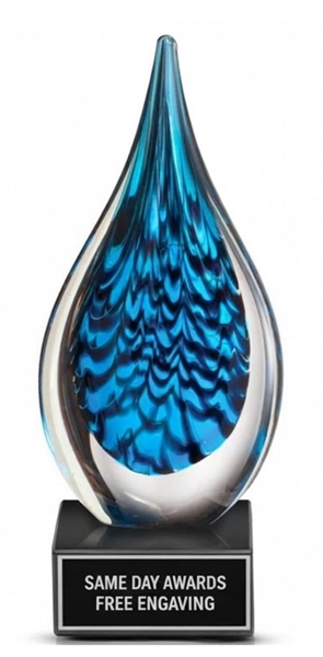 9 inch Blue Raindrop hand-blown art glass recognition award with custom engraving and polished marble base