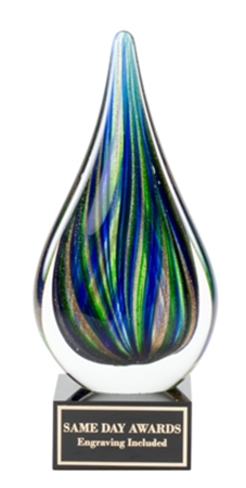 Green Raindrop Hand-Blown Art Glass Award with Marble Base and Free Custom Engraving