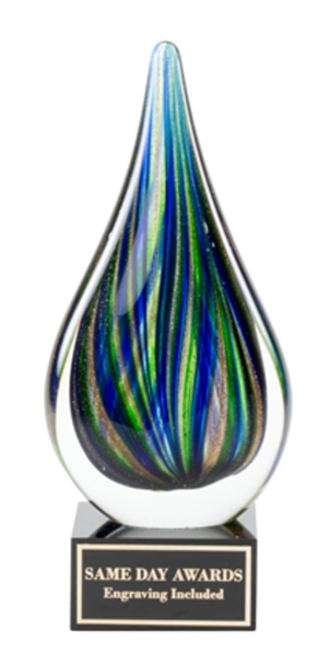 Green Raindrop Hand-Blown Art Glass Award with Marble Base and Free Custom Engraving
