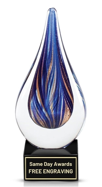 Purple Raindrop Hand-Blown Art Glass Recognition Trophy with Genuine Marble Base and Custom Engraving