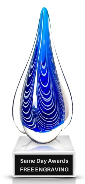 Blue Cascade Hand-Blown Art Glass Recognition Award with Blue and White Swirl Teardrop Sculpture and Clear Glass Base