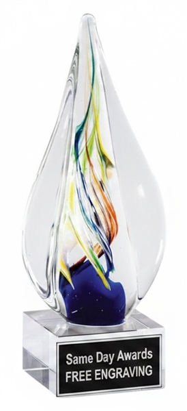 Rainbow Swirl Hand-Blown Art Glass Recognition Award with Colorful Teardrop Swirl Design and Polished Marble Base