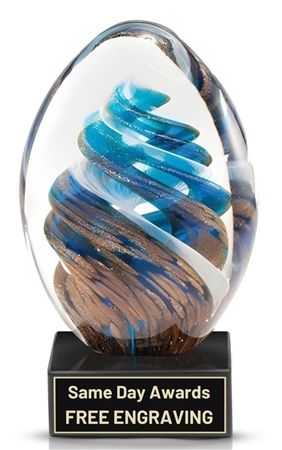 Azure Cyclone Hand-Blown Blue Swirl Art Glass Recognition Award with Genuine Marble Base and Personalized Engraving