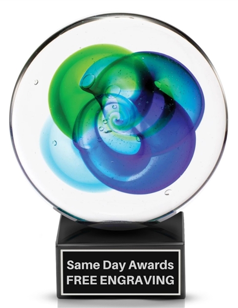 7.25 inch Sea Glass hand-blown art glass award with polished black marble base and custom engraving