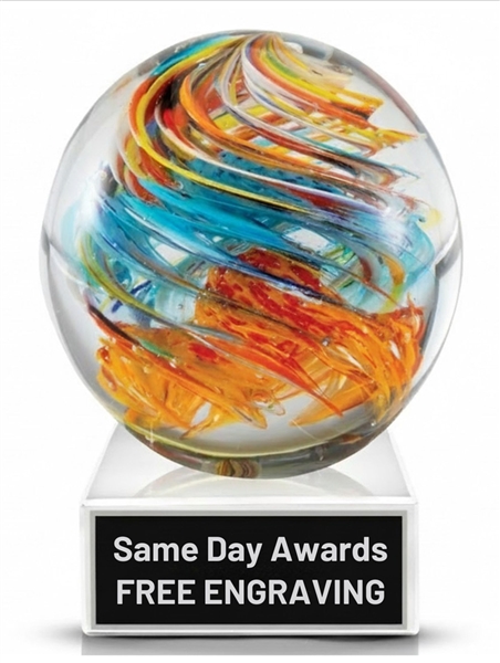Miami Sphere Hand-Blown Multi Color Swirl Art Glass Recognition Trophy with Personalized Engraving