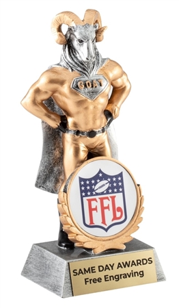 Fantasy Football GOAT Trophy featuring superhero goat champion design with custom engraving and fantasy football logo