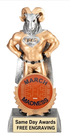 7 inch March Madness Super Hero GOAT trophy with custom engraved plate