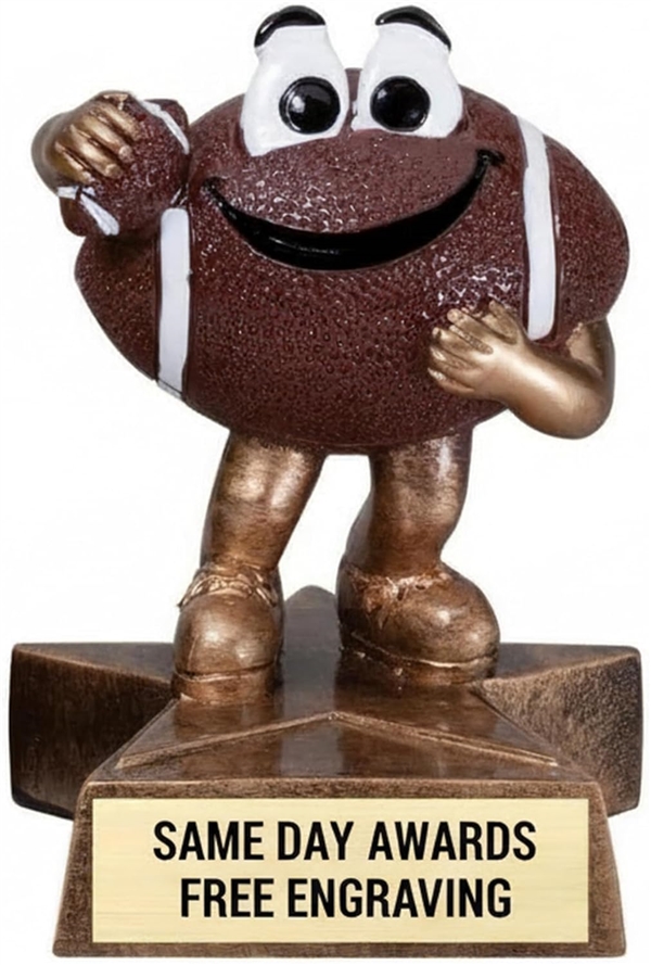 Lil Buddy Football Trophy featuring smiling football character with custom engraved gold plate
