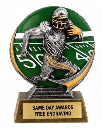 Mini Motion Full Color Football Trophy with engraved nameplate and vibrant football design