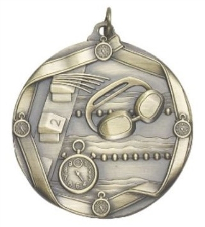 Premium Olympia gold die cast swimming medal with choice of neck ribbon