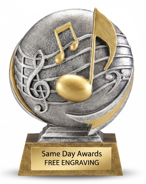 Mini Motion Music Trophy custom engraved music award for bands, choirs, orchestras, recitals, student musicians, and music competition recognition.