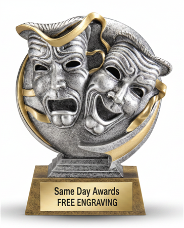 Mini Motion Drama Trophy custom engraved theater award with comedy and tragedy masks for acting competitions, drama programs, theater productions, and performing arts recognition.