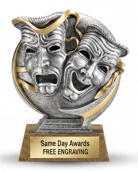 Mini Motion Drama Trophy custom engraved theater award with comedy and tragedy masks for acting competitions, drama programs, theater productions, and performing arts recognition.