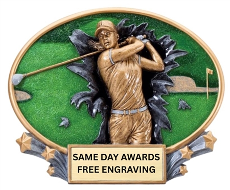 Burst Thru Women's Golf Trophy featuring female golf-themed artwork and custom engraved recognition plate.