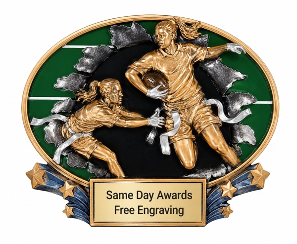 Girls Flag Football Burst Thru Explosion Plaque featuring 3D football players with custom engraved gold plate