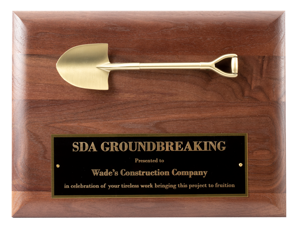 Walnut Groundbreaking Shovel Plaque with cast gold ceremonial shovel and custom engraved recognition plate for construction and development awards