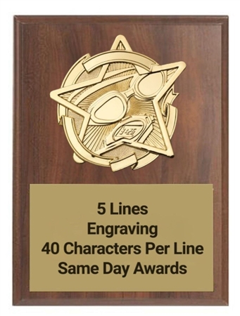 Gold Star Swimming Plaque walnut award with gold swimming emblem and free personalized engraving
