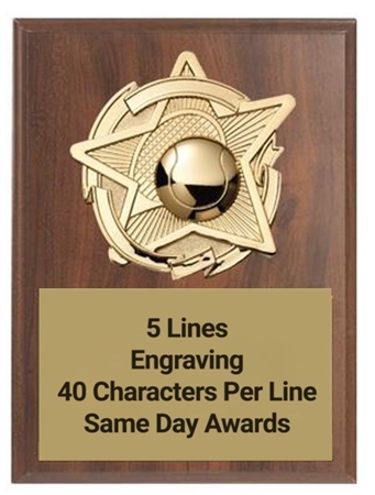 Gold Star Tennis Plaque Custom Engraved Walnut Recognition Award with Raised 3D Tennis Emblem