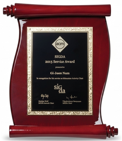 Rosewood Piano Scroll Recognition Plaque with black brass engraving plate and gold engraved lettering