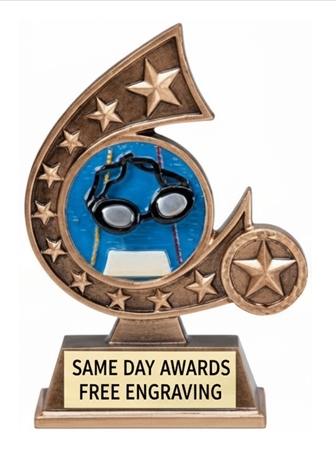 Comet Series Swimming Trophy with swimmer emblem and engraved plate
