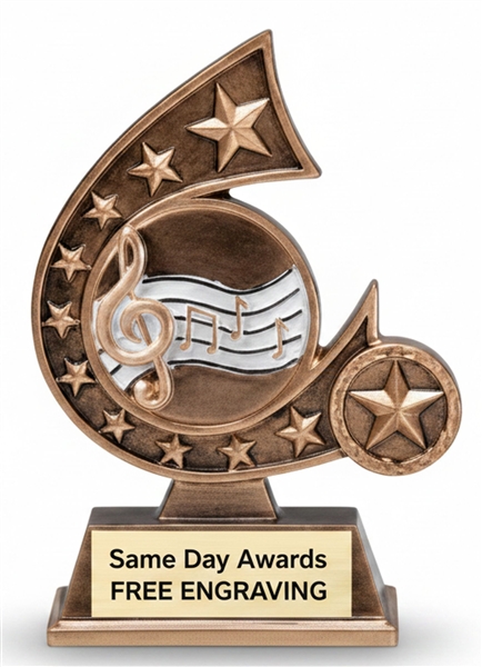 Comet Music Trophy custom engraved music award for band competitions, choir recognition, recitals, student musicians, and performing arts programs.