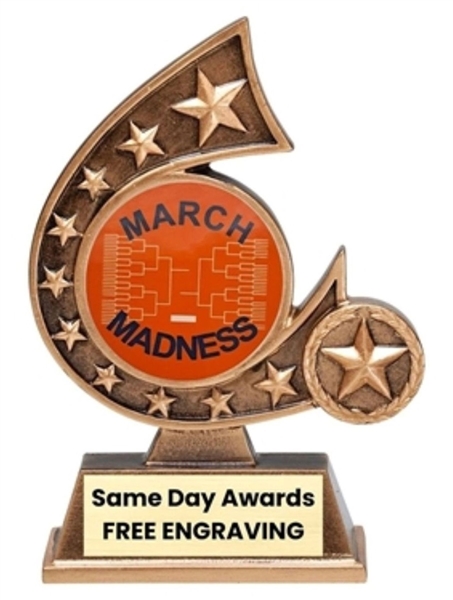 march madness comet basketball trophy with custom engraved plate