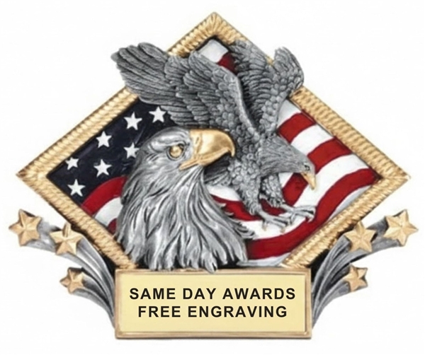 3D Burst Thru Eagle Patriotic Plaque with American flag backdrop custom engraved patriotic recognition award