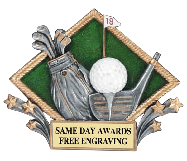 Diamond Golf Burst Thru Plaque with custom engraved nameplate featuring golf clubs, golf ball and flag artwork