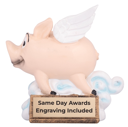 When Pigs Fly Trophy featuring a winged flying pig, cloud-themed base, and custom engraved nameplate for humorous achievement awards and novelty recognition