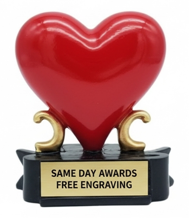 The Heart Award custom engraved appreciation trophy featuring a red heart design for employee recognition, volunteer appreciation, service awards, and meaningful achievement recognition