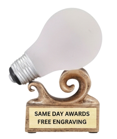 Bright Idea Lightbulb Trophy with custom engraved nameplate for creativity awards, innovation recognition, employee appreciation, problem-solving achievements, and workplace recognition