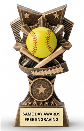Champion V Softball Trophy custom engraved softball award with softball figure and victory backdrop for softball champions, MVP awards, tournaments, and team recognition.