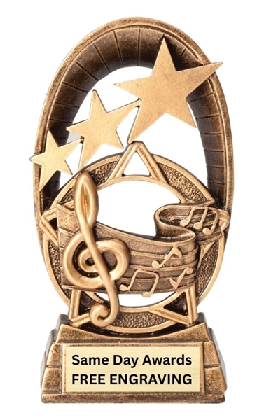 Radiant Star Music Trophy featuring musical notes and star accents on a 6.5-inch resin award with custom engraving, ideal for band, choir, orchestra, recital, and music competition recognition.
