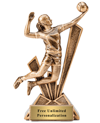 Checkmate girls volleyball trophy with geometric backdrop