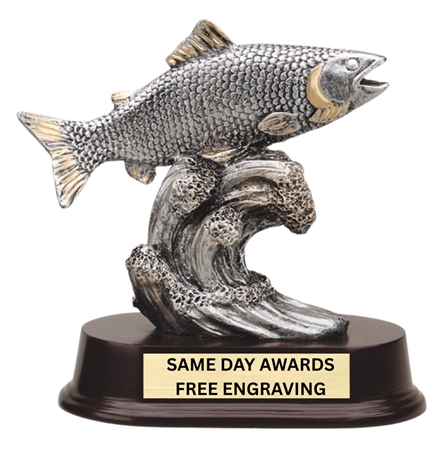 Silver and Gold Fishing Trophy with Rosewood Style Base and Custom Engraving