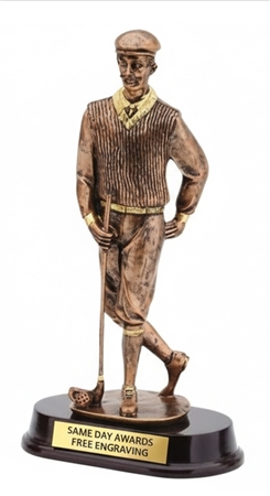 Vintage golfer trophy with custom engraved plate for golf tournament champions