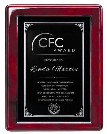 Rosewood piano recognition plaque with velvet background and Florentine silver engraving plate