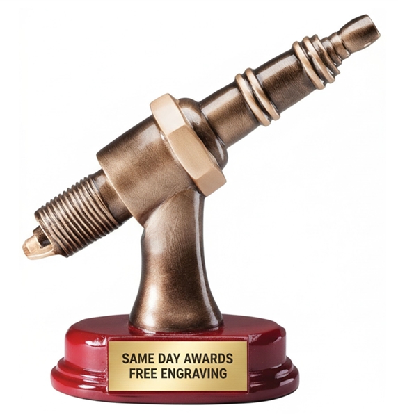 Gold Spark Plug Trophy with custom engraving featuring detailed automotive spark plug design and polished display base
